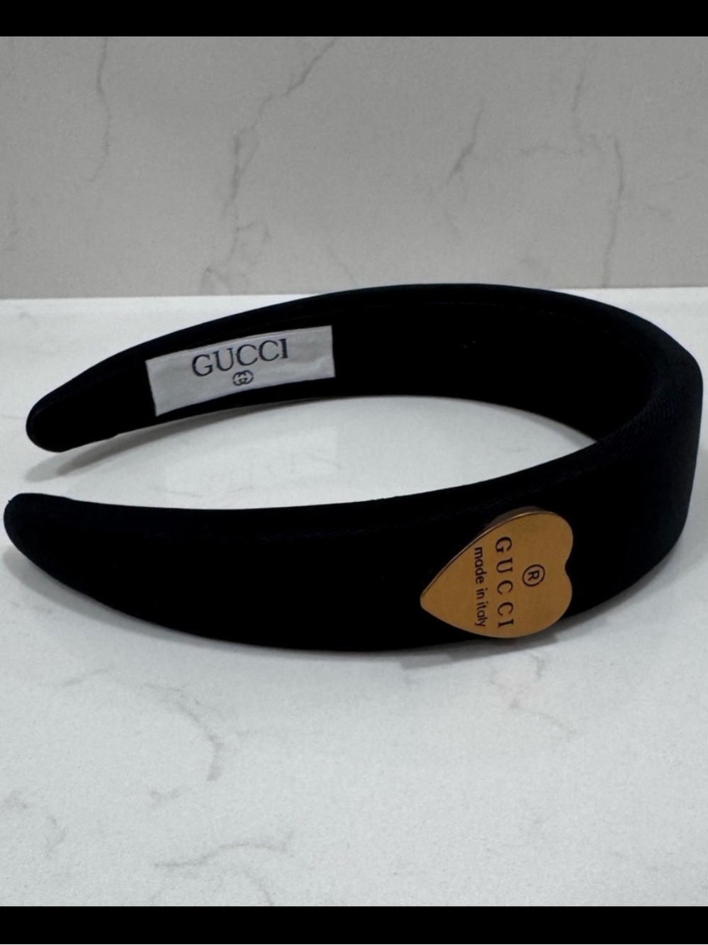 Gucci Black Padded Headband with Gold Heart Logo